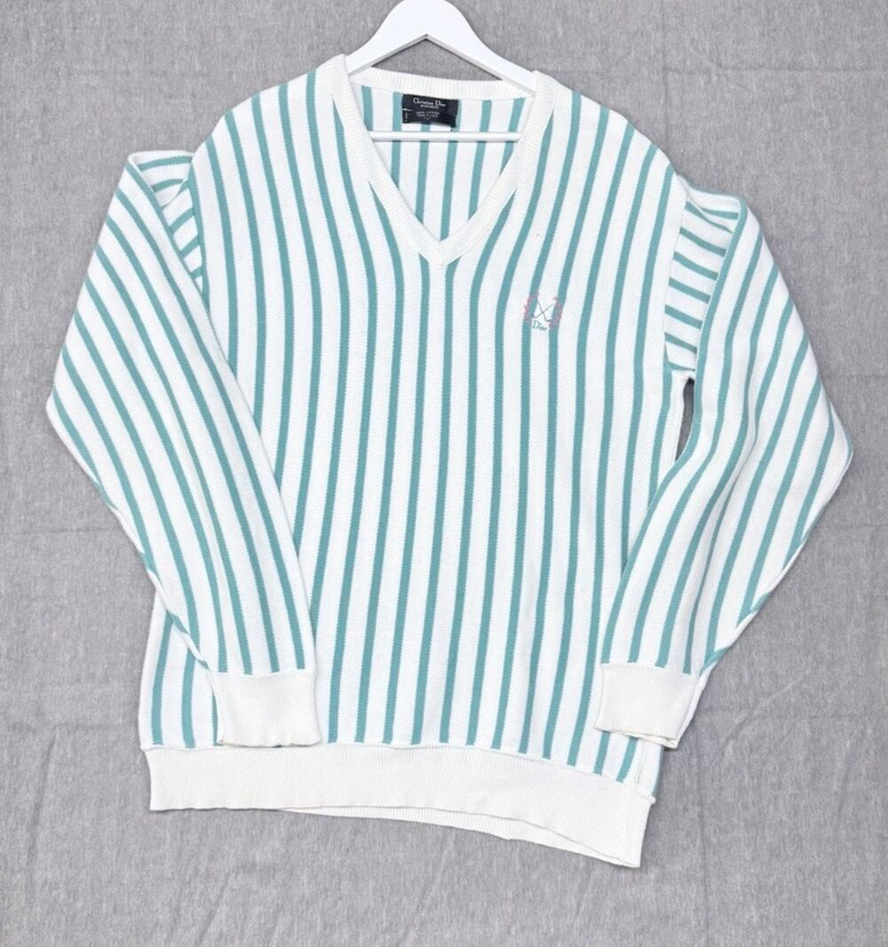 CHRISTIAN DIOR Monsieur Vtg Cotton Striped V-neck Sweater L